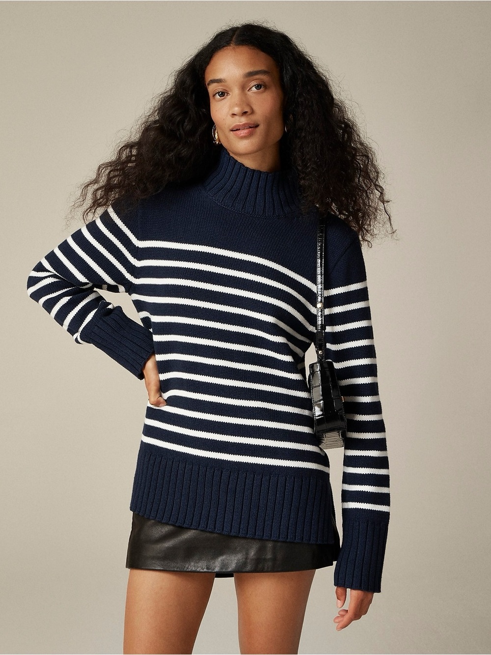 J. Crew NWT New Heritage Rollneck Sweater in Stripe Navy Pullover Rib Trim